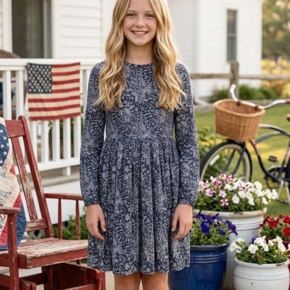 Jacadi Paris Girls Liberty Dress Pleated Long Sleeve Pleated Navy White Gold 12